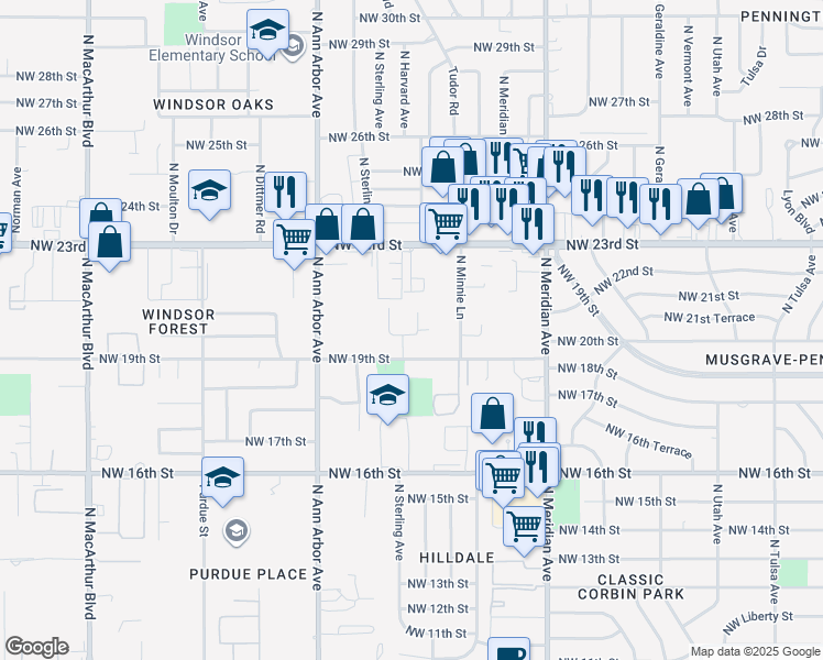 map of restaurants, bars, coffee shops, grocery stores, and more near 4721 Northwest 19th Street in Oklahoma City
