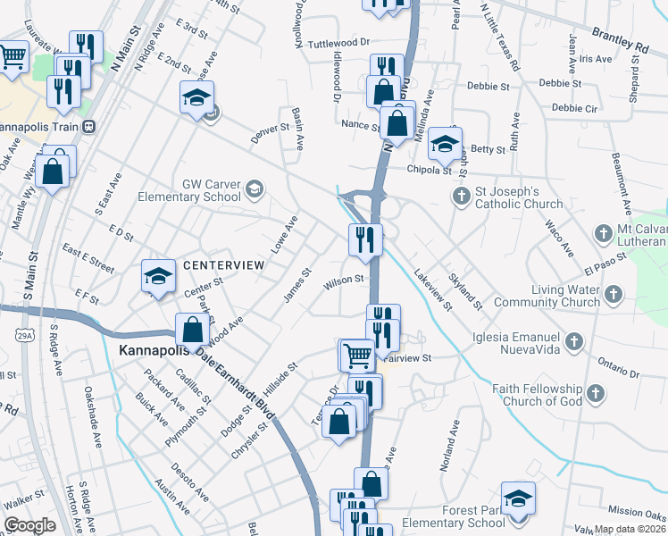 map of restaurants, bars, coffee shops, grocery stores, and more near 666 Wilson Street in Kannapolis