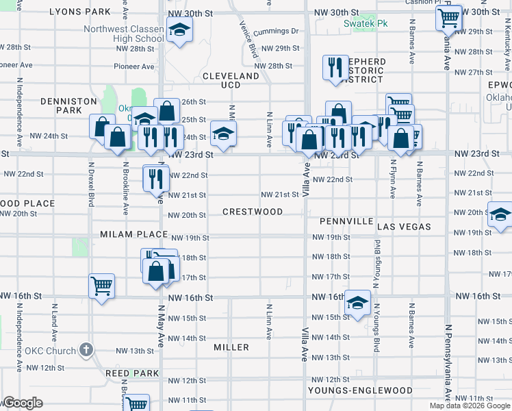 map of restaurants, bars, coffee shops, grocery stores, and more near 2708 Northwest 20th Street in Oklahoma City