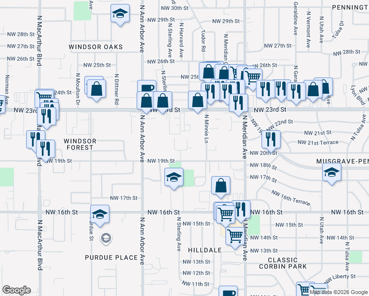 map of restaurants, bars, coffee shops, grocery stores, and more near 4721 Northwest 19th Street in Oklahoma City
