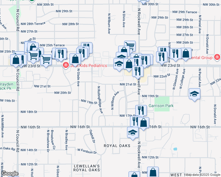 map of restaurants, bars, coffee shops, grocery stores, and more near 2012 North Westaire Street in Bethany