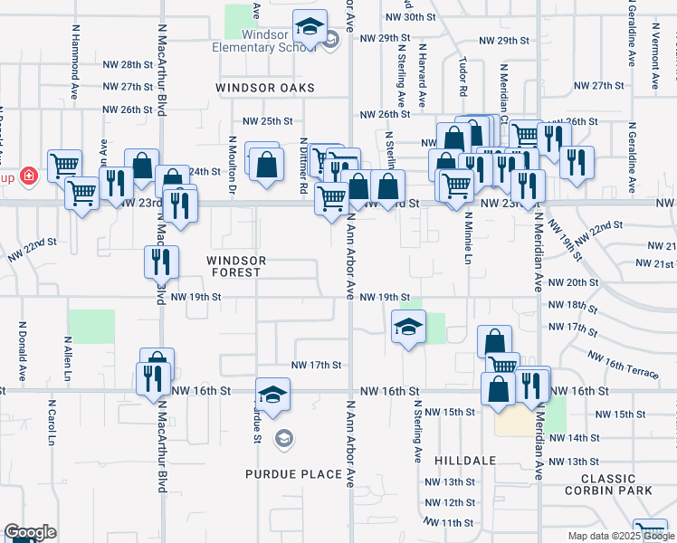 map of restaurants, bars, coffee shops, grocery stores, and more near 4909 Northwest 19th Street in Oklahoma City