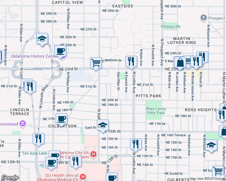 map of restaurants, bars, coffee shops, grocery stores, and more near 2130 North Stonewall Avenue in Oklahoma City