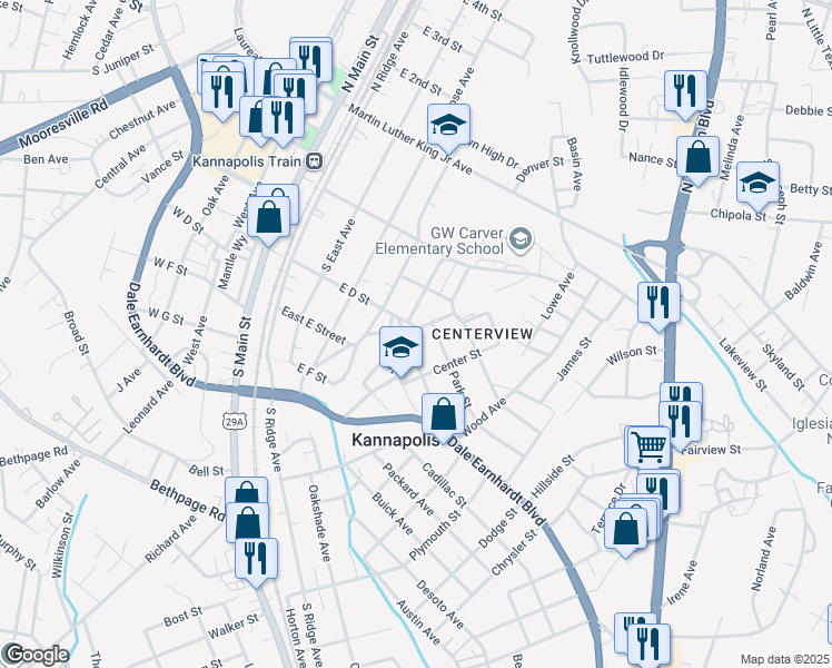 map of restaurants, bars, coffee shops, grocery stores, and more near 231 Front Street in Kannapolis