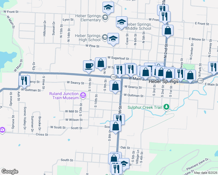 map of restaurants, bars, coffee shops, grocery stores, and more near 810 West Quitman Street in Heber Springs