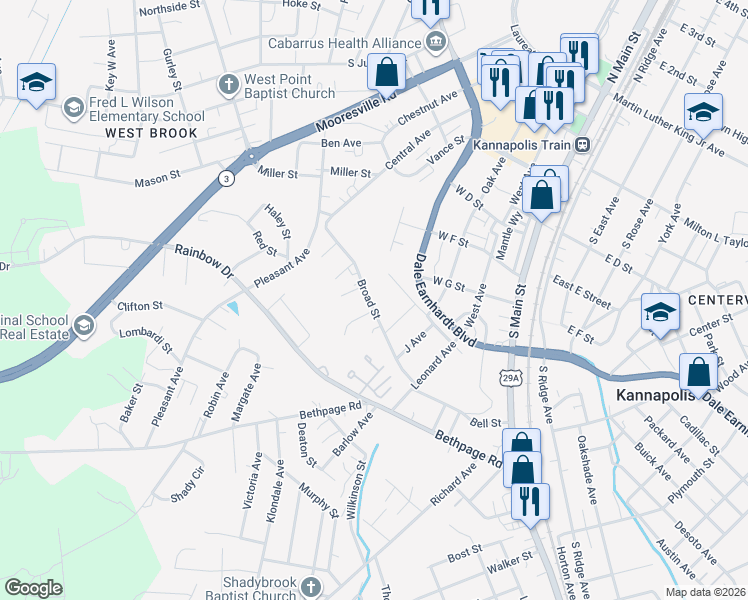 map of restaurants, bars, coffee shops, grocery stores, and more near 604 Broad Street in Kannapolis