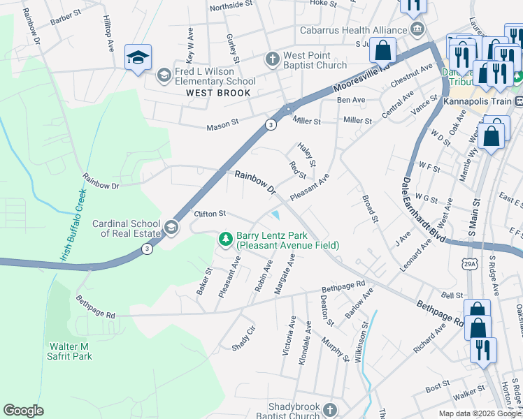 map of restaurants, bars, coffee shops, grocery stores, and more near 1111 Boyd Street in Kannapolis