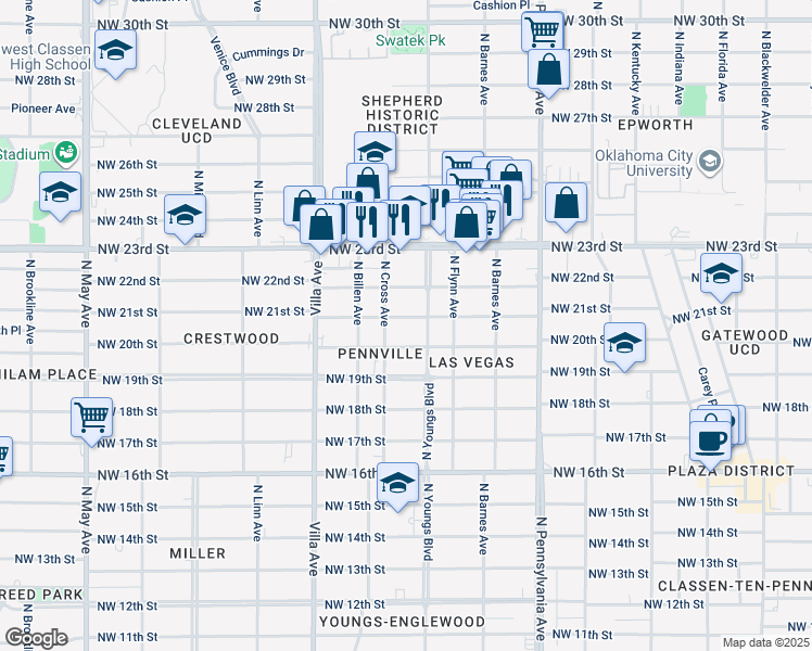 map of restaurants, bars, coffee shops, grocery stores, and more near 2301 Northwest 20th Street in Oklahoma City