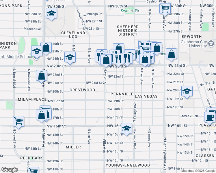 map of restaurants, bars, coffee shops, grocery stores, and more near 2413 Northwest 20th Street in Oklahoma City