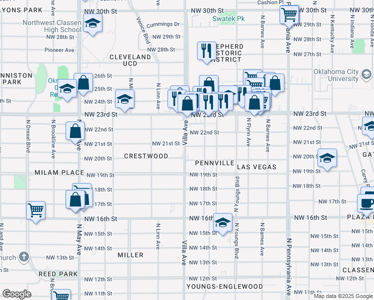 map of restaurants, bars, coffee shops, grocery stores, and more near 2500 Northwest 20th Street in Oklahoma City
