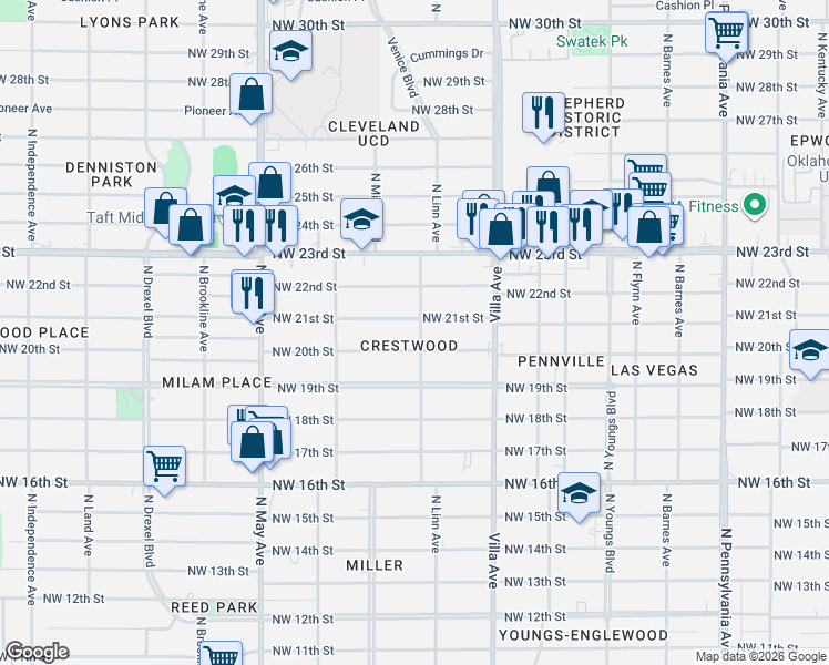 map of restaurants, bars, coffee shops, grocery stores, and more near 2708 Northwest 20th Street in Oklahoma City