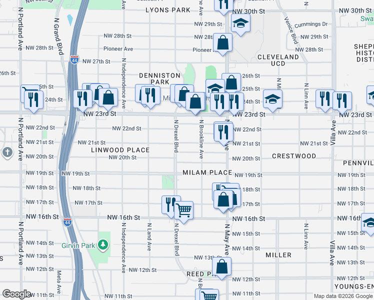map of restaurants, bars, coffee shops, grocery stores, and more near 3019 Northwest 20th Street in Oklahoma City