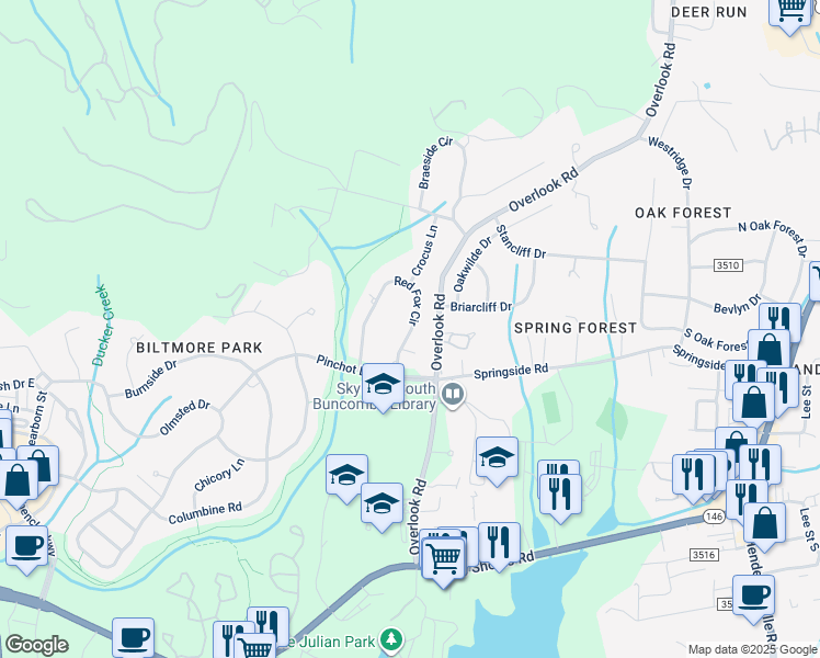 map of restaurants, bars, coffee shops, grocery stores, and more near 320 Red Fox Circle in Asheville
