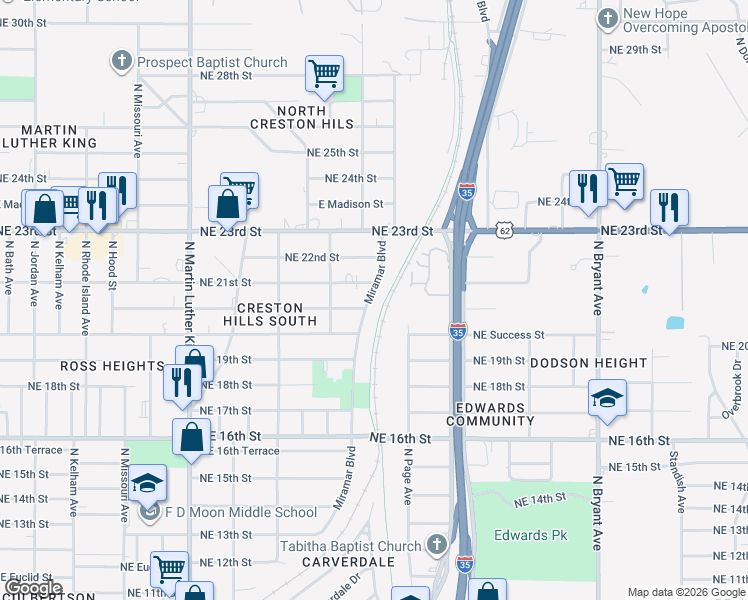 map of restaurants, bars, coffee shops, grocery stores, and more near 2116 Miramar Boulevard in Oklahoma City