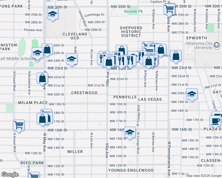 map of restaurants, bars, coffee shops, grocery stores, and more near 2413 Northwest 20th Street in Oklahoma City