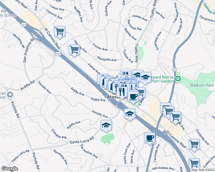 map of restaurants, bars, coffee shops, grocery stores, and more near 5537 El Camino Real in Atascadero