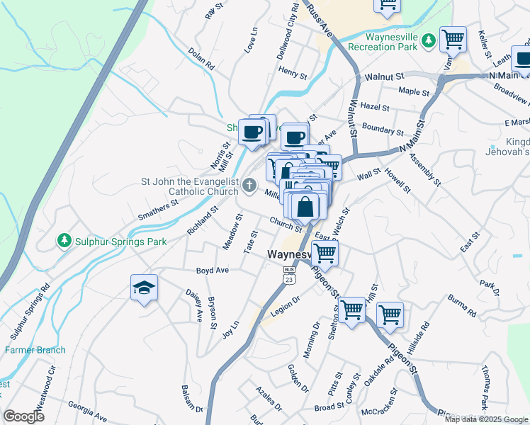 map of restaurants, bars, coffee shops, grocery stores, and more near 160 Church Street in Waynesville