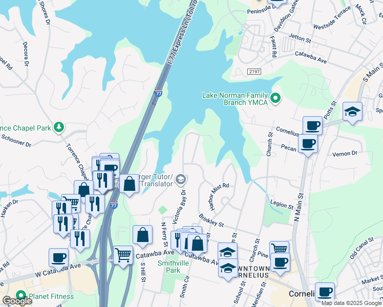 map of restaurants, bars, coffee shops, grocery stores, and more near 18114 Bluff Inlet Road in Cornelius