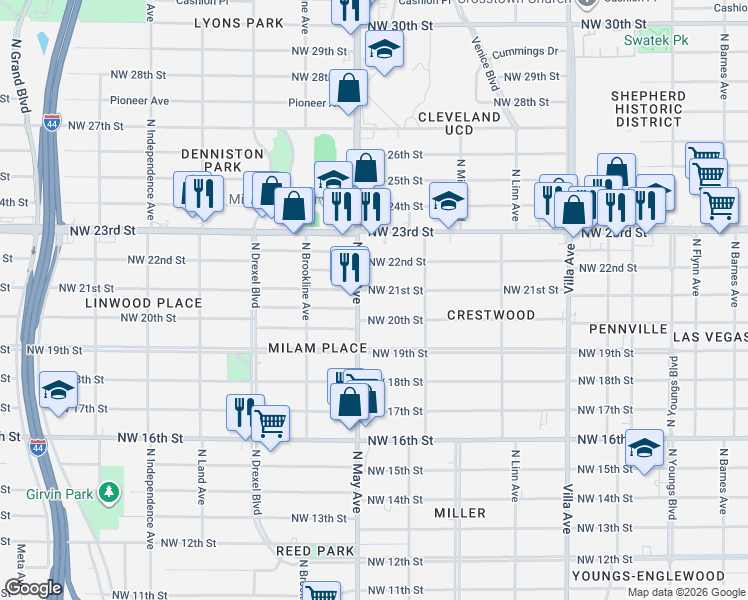 map of restaurants, bars, coffee shops, grocery stores, and more near 2837 Northwest 21st Street in Oklahoma City