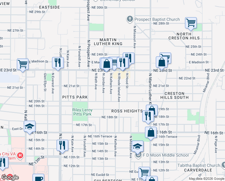 map of restaurants, bars, coffee shops, grocery stores, and more near 1703 Northeast 21st Street in Oklahoma City