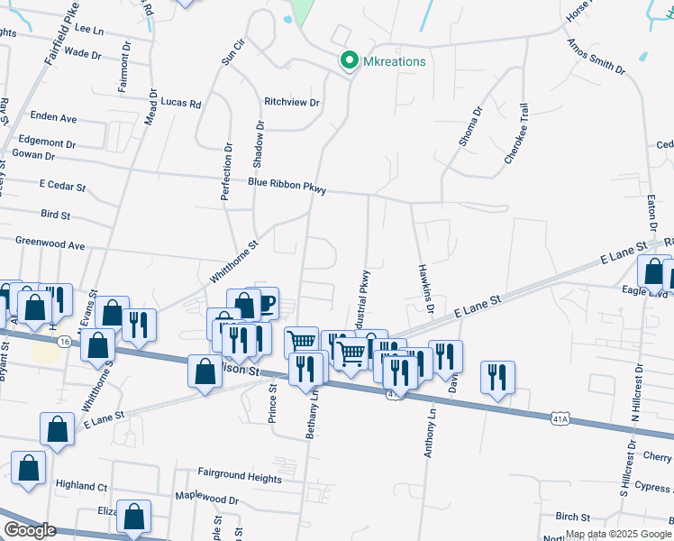 map of restaurants, bars, coffee shops, grocery stores, and more near 400 Barksdale Lane in Shelbyville