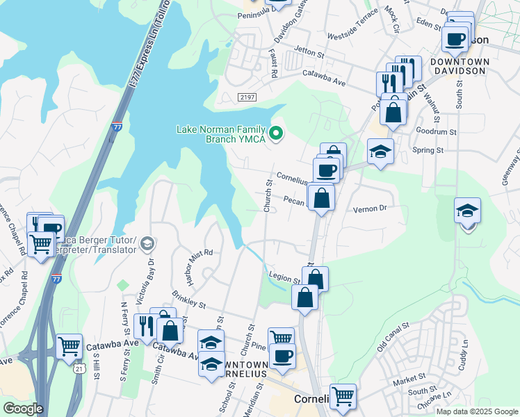 map of restaurants, bars, coffee shops, grocery stores, and more near 21108 Pecan Street in Cornelius