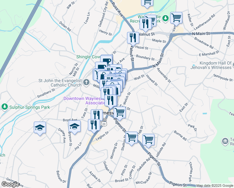 map of restaurants, bars, coffee shops, grocery stores, and more near 135 North Main Street in Waynesville