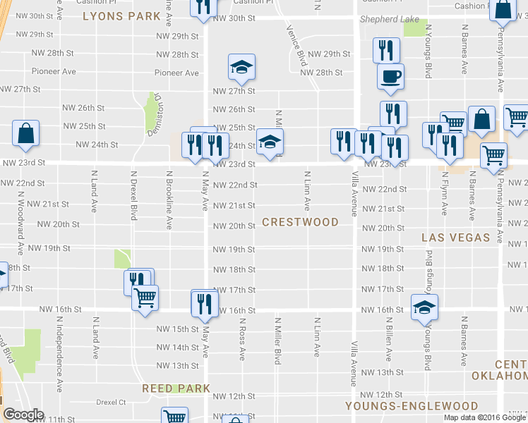 map of restaurants, bars, coffee shops, grocery stores, and more near 2745 Northwest 21st Street in Oklahoma City