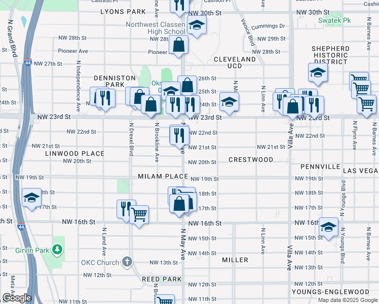 map of restaurants, bars, coffee shops, grocery stores, and more near 2837 Northwest 21st Street in Oklahoma City