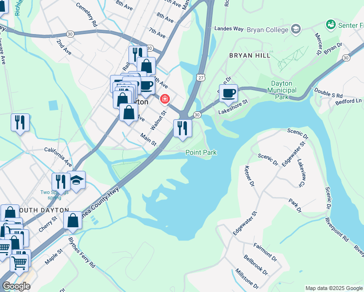 map of restaurants, bars, coffee shops, grocery stores, and more near 185 Chickamauga Drive in Dayton