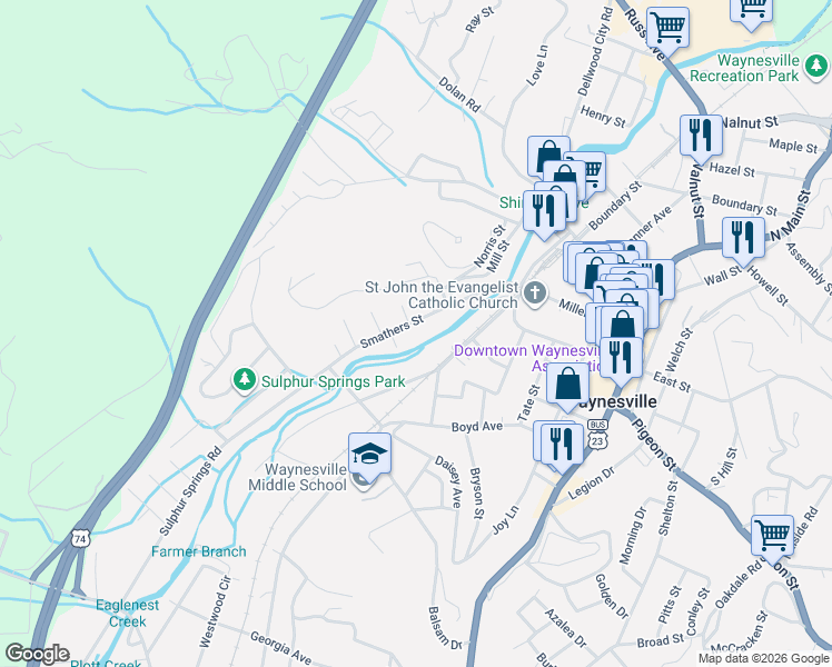 map of restaurants, bars, coffee shops, grocery stores, and more near 536 Smathers Street in Waynesville