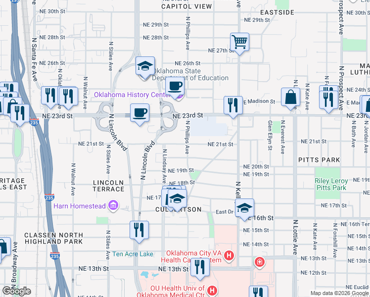 map of restaurants, bars, coffee shops, grocery stores, and more near 807 Northeast 21st Street in Oklahoma City