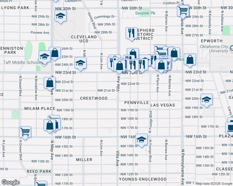 map of restaurants, bars, coffee shops, grocery stores, and more near 2505 Northwest 21st Street in Oklahoma City