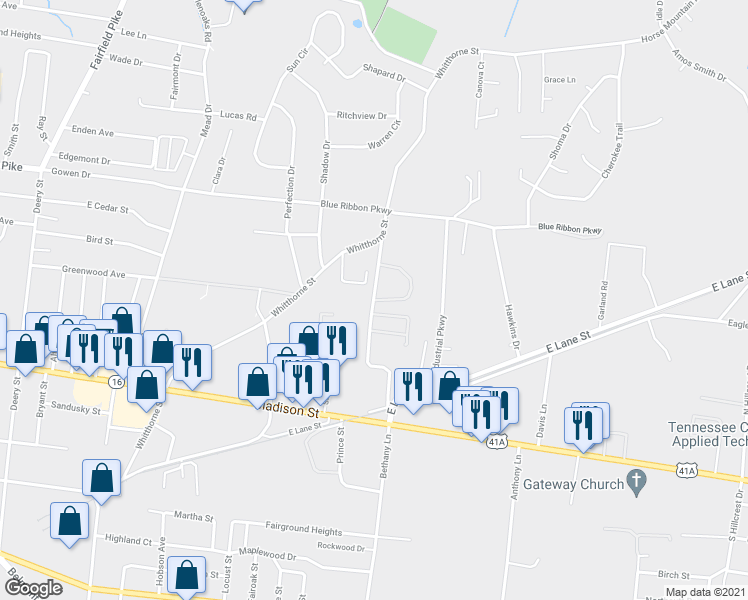 map of restaurants, bars, coffee shops, grocery stores, and more near 398 Barksdale Lane in Shelbyville
