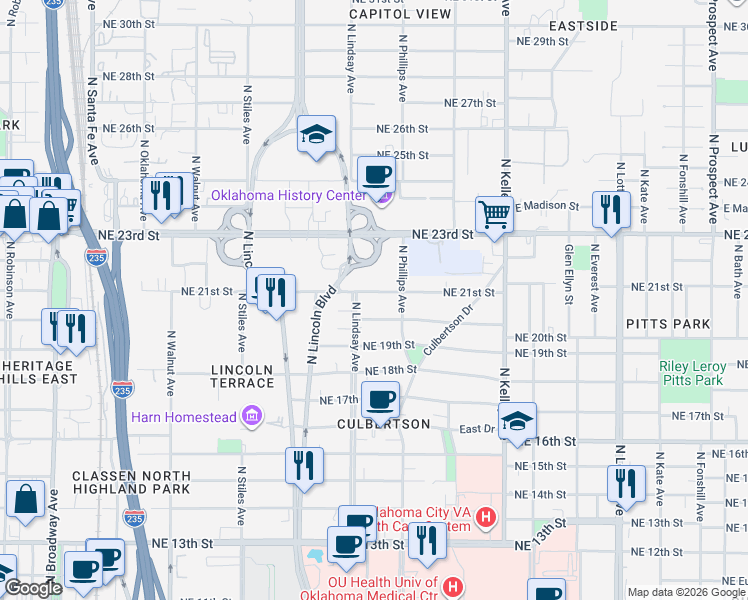 map of restaurants, bars, coffee shops, grocery stores, and more near 717 Northeast 21st Street in Oklahoma City