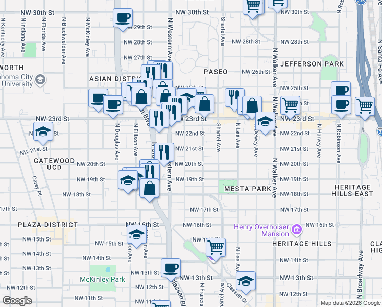 map of restaurants, bars, coffee shops, grocery stores, and more near 931 Northwest 21st Street in Oklahoma City
