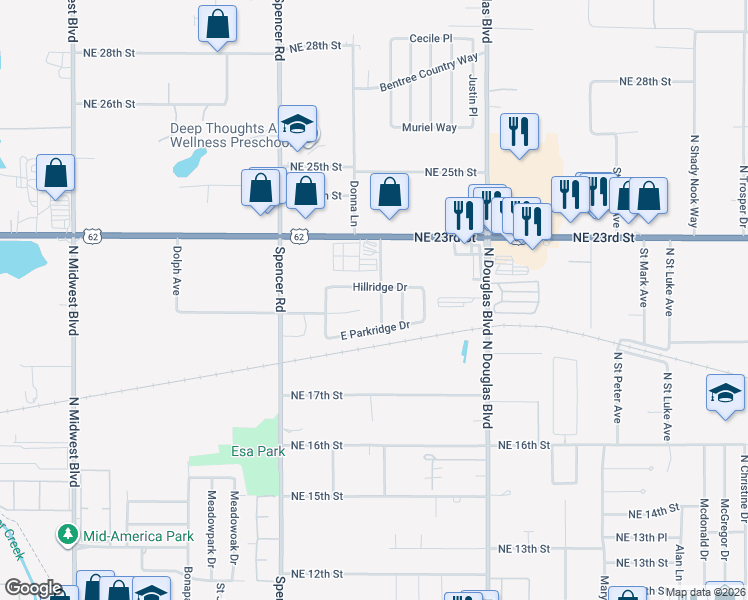 map of restaurants, bars, coffee shops, grocery stores, and more near 2009 Eastridge Drive in Oklahoma City
