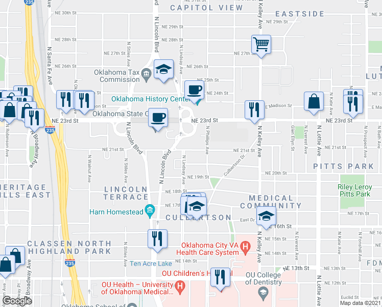 map of restaurants, bars, coffee shops, grocery stores, and more near 708 Northeast 21st Street in Oklahoma City