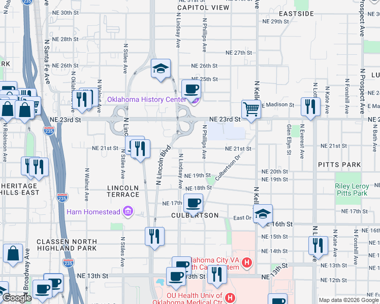 map of restaurants, bars, coffee shops, grocery stores, and more near 717 Northeast 21st Street in Oklahoma City