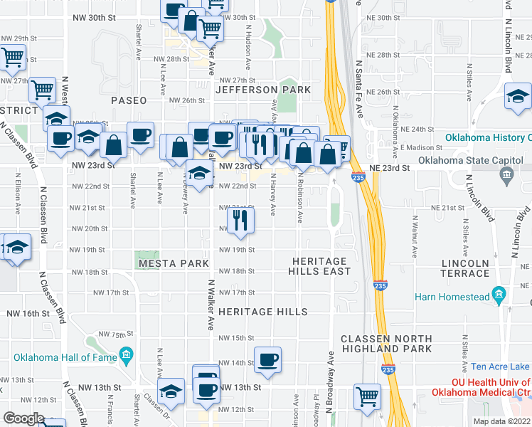 map of restaurants, bars, coffee shops, grocery stores, and more near 315 Northwest 21st Street in Oklahoma City