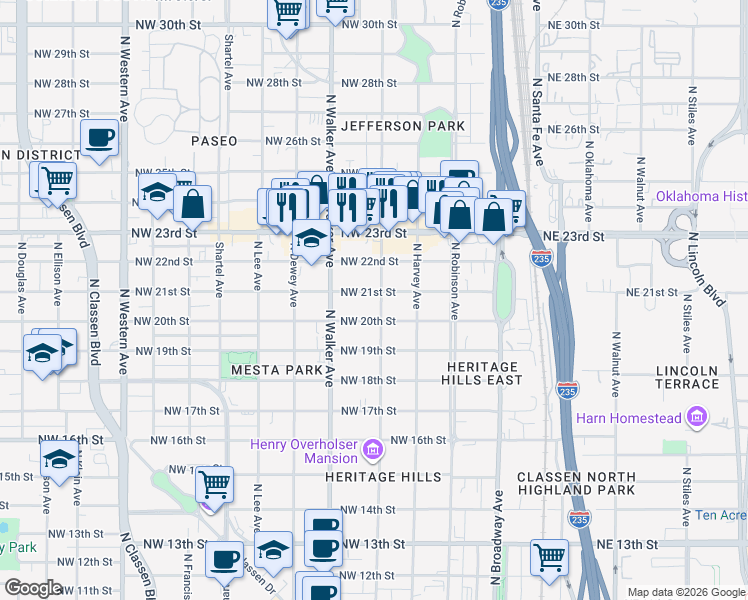 map of restaurants, bars, coffee shops, grocery stores, and more near 409 Northwest 21st Street in Oklahoma City