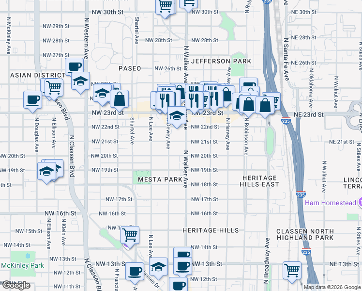 map of restaurants, bars, coffee shops, grocery stores, and more near 441 Northwest 21st Street in Oklahoma City