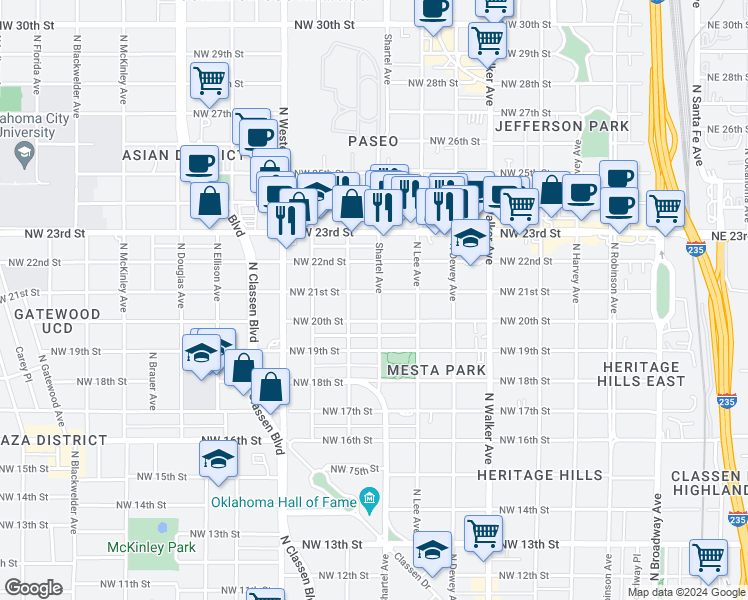map of restaurants, bars, coffee shops, grocery stores, and more near 731 Northwest 21st Street in Oklahoma City