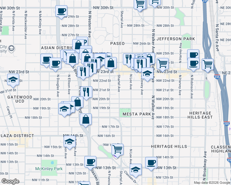 map of restaurants, bars, coffee shops, grocery stores, and more near 825 Northwest 21st Street in Oklahoma City