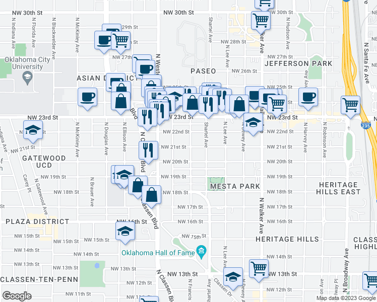 map of restaurants, bars, coffee shops, grocery stores, and more near 825 Northwest 21st Street in Oklahoma City