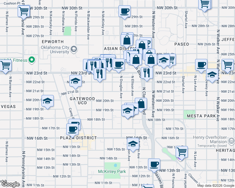map of restaurants, bars, coffee shops, grocery stores, and more near 2201 North Douglas Avenue in Oklahoma City
