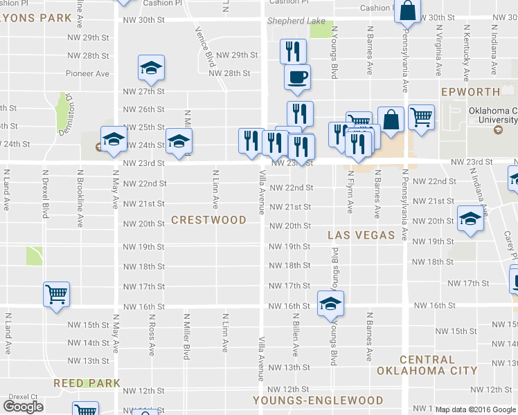 map of restaurants, bars, coffee shops, grocery stores, and more near 2505 Northwest 21st Street in Oklahoma City