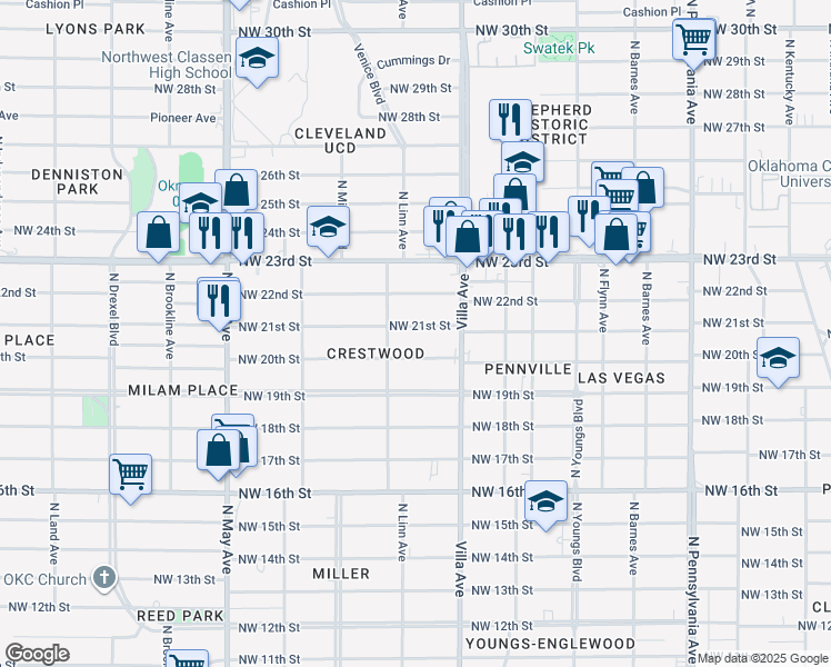 map of restaurants, bars, coffee shops, grocery stores, and more near 2541 Northwest 21st Street in Oklahoma City