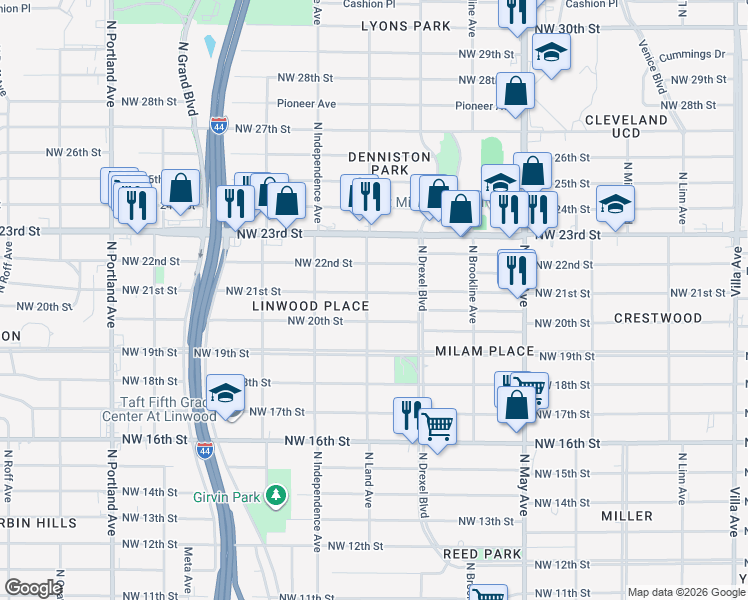 map of restaurants, bars, coffee shops, grocery stores, and more near 3141 Northwest 21st Street in Oklahoma City