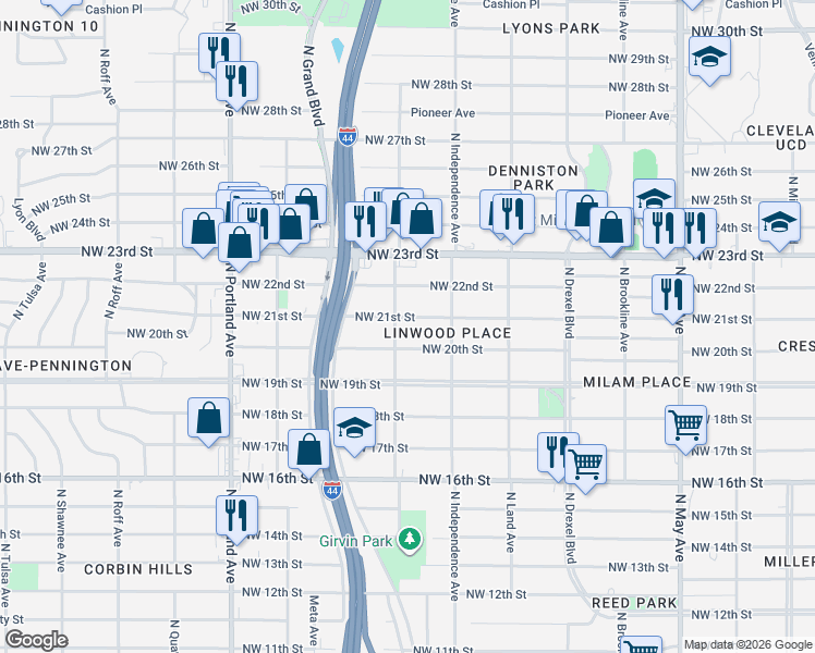 map of restaurants, bars, coffee shops, grocery stores, and more near 3341 Northwest 21st Street in Oklahoma City